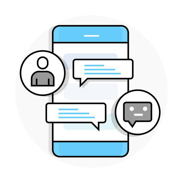 Illustration of a smartphone screen with chat bubbles and user/chatbot icons